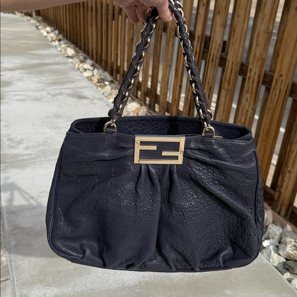 Fendi Handbags - Fendi Navy Gold Mia large textured Leather Women's Bag
